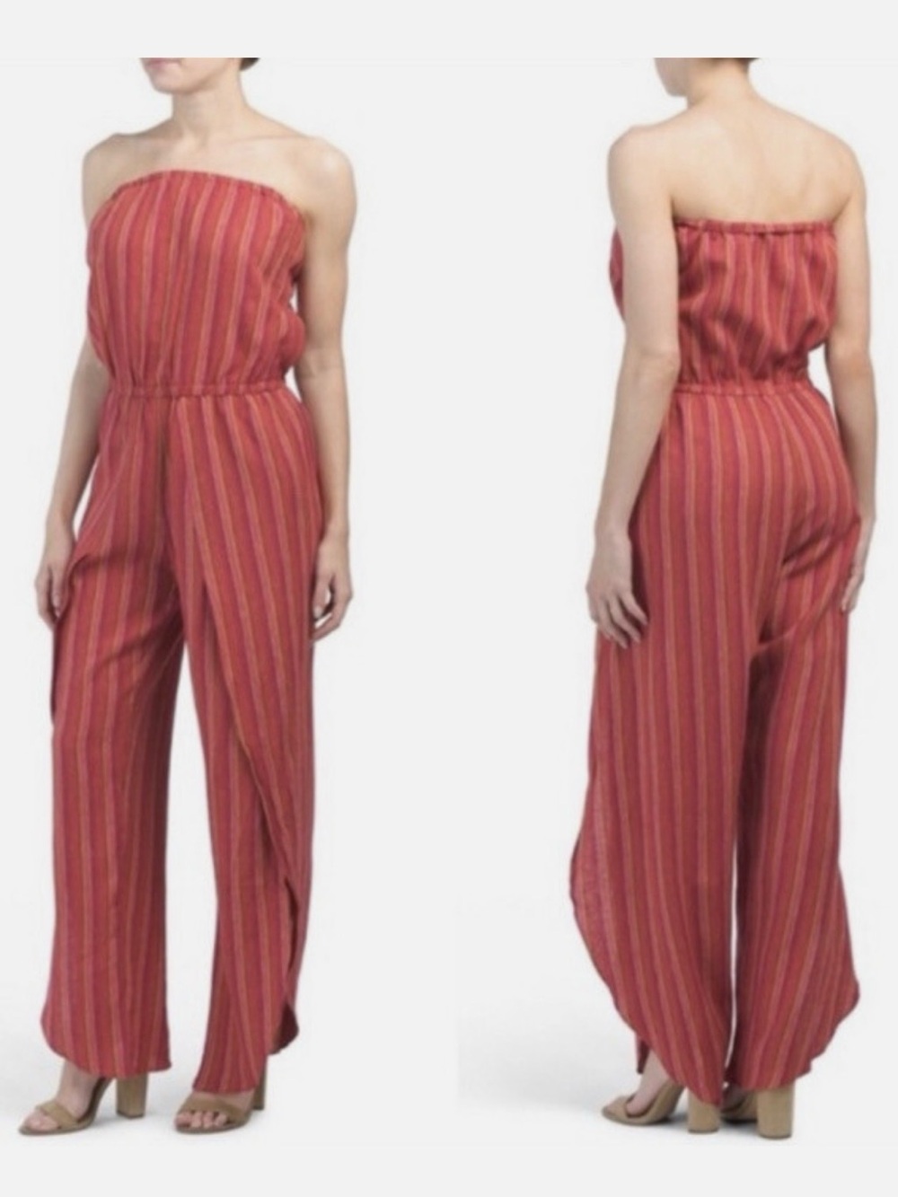 DREW Strapless Red & Orange Striped Wide-Leg Jumpsuit